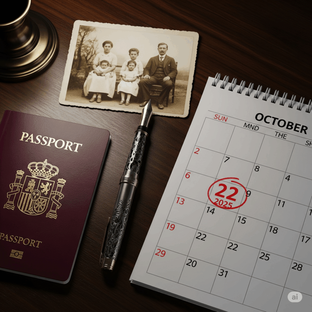 Uma imagem de uma mesa de madeira escura com um passaporte espanhol, uma caneta-tinteiro antiga, uma foto de família em tons de sépia do início do século XX e uma página de calendário com a data de 22 de outubro de 2025 circulada em vermelho.