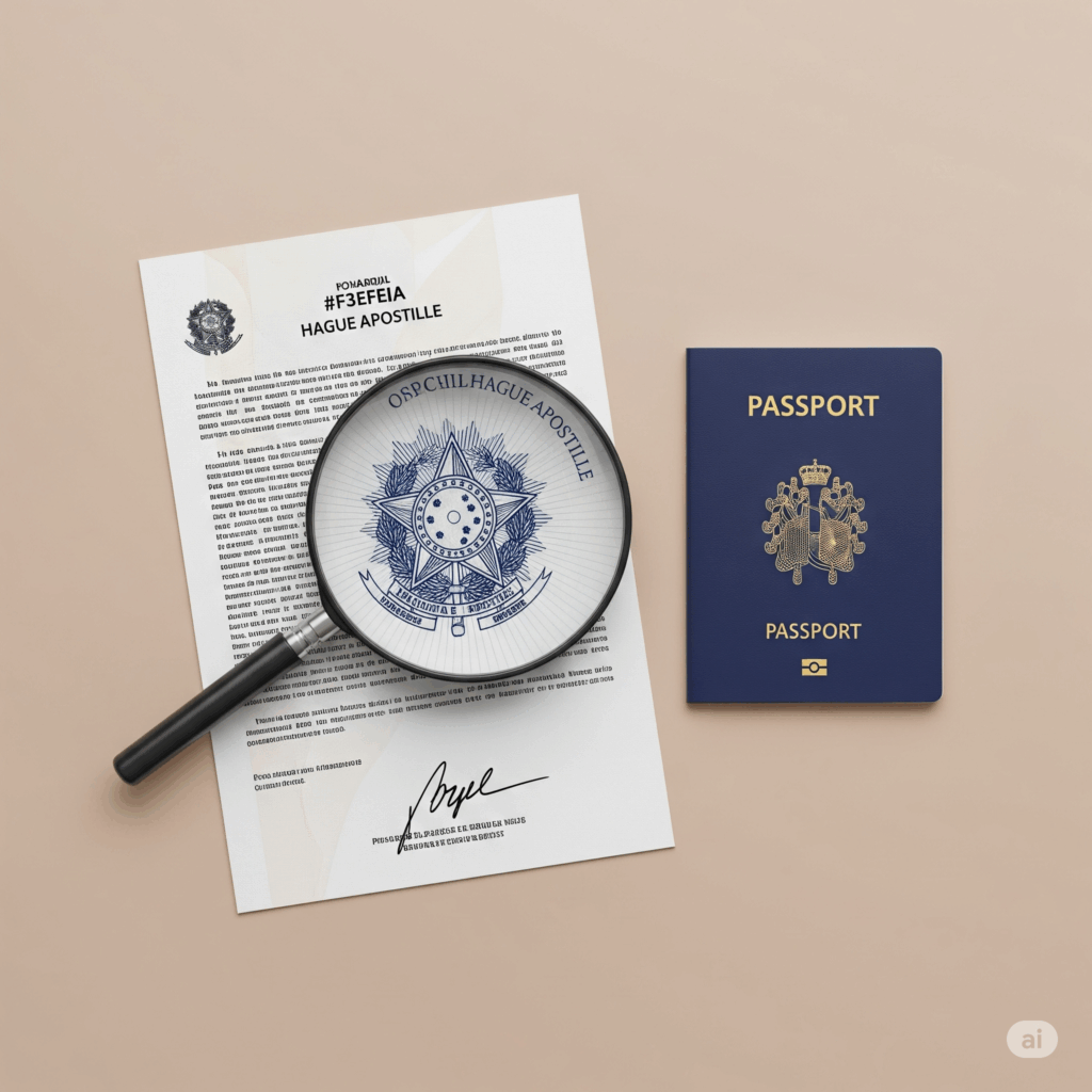 Uma imagem vista de cima (flat lay) com um documento brasileiro ao lado de um passaporte europeu. Uma grande lupa está posicionada sobre o documento, focando e ampliando o selo da Apostila de Haia.