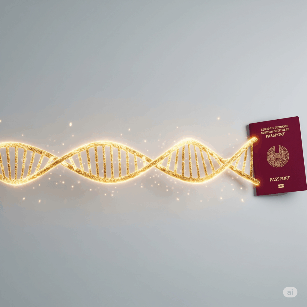 Uma imagem minimalista com fundo claro. Uma fita de DNA dourada e brilhante atravessa a imagem e, em uma de suas pontas, se transforma na capa de um passaporte europeu.