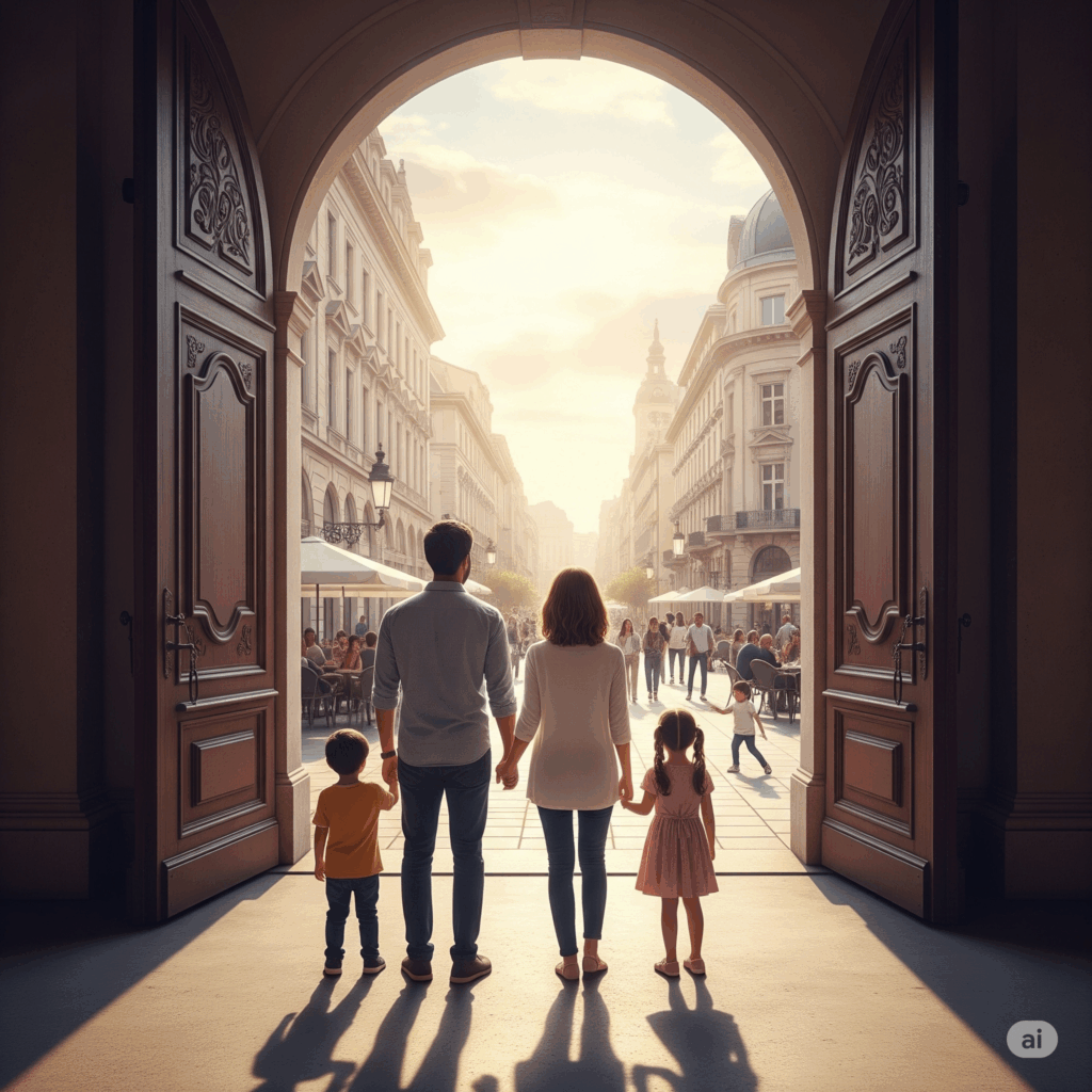 Uma família, vista de costas, parada em frente a uma grande porta aberta. Através da porta, eles veem uma rua de cidade europeia, acolhedora e cheia de vida. A luz que vem de fora é quente e convidativa.