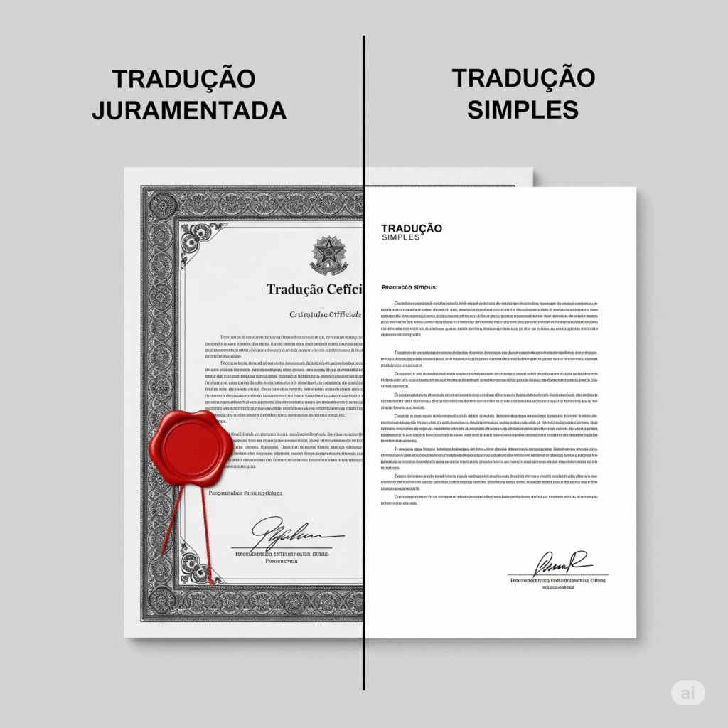 Uma imagem dividida ao meio. O lado esquerdo, "Tradução Juramentada", mostra um documento com aparência oficial, selo vermelho e assinatura. O lado direito, "Tradução Simples", mostra o mesmo documento como uma impressão comum.