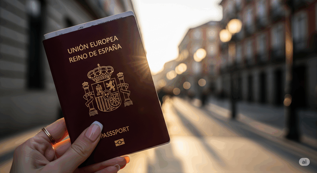 Uma mão segurando o passaporte espanhol com uma charmosa rua da Espanha ao fundo.